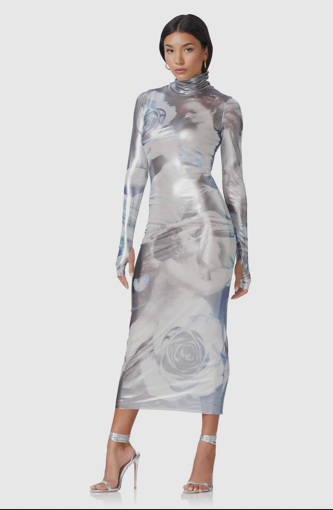 Shining Silver Mock Neck Midi Dress