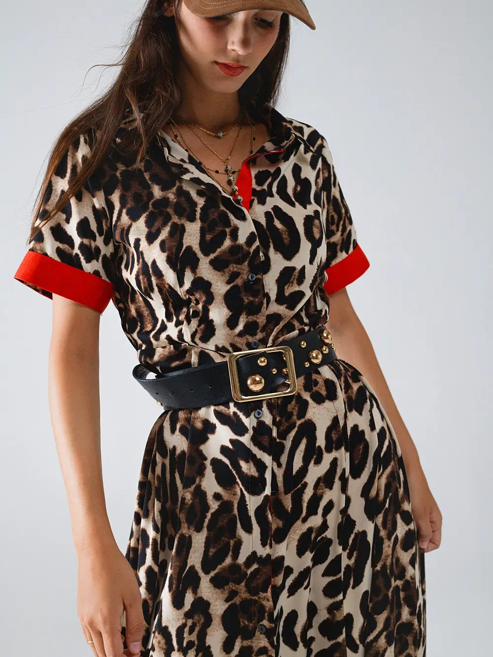Leopard Button-down Maxi Dress with Red Details